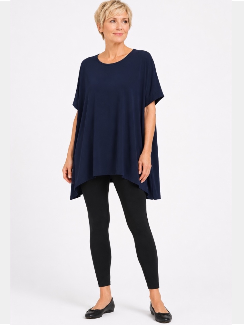 COMPLI K Navy Blue Jersey Knit Oversized Tunic Top Cuffed Sleeves MADE IN CANADA